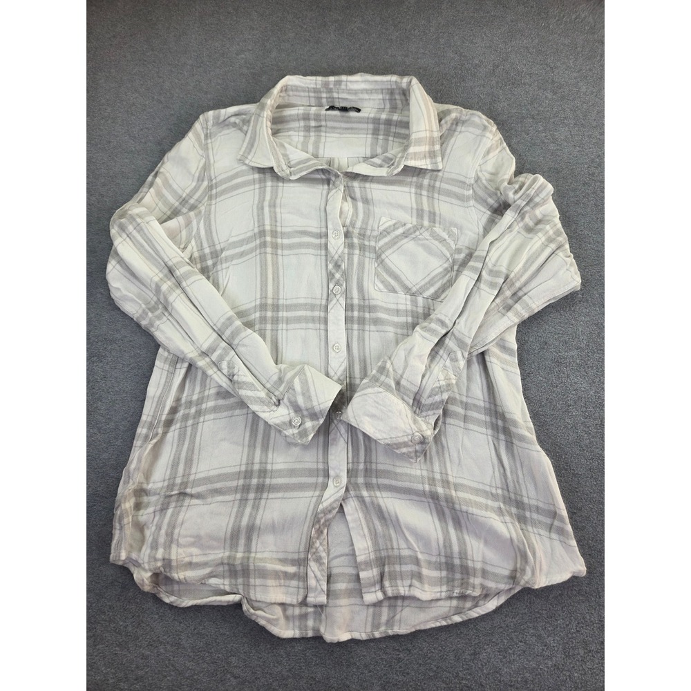 Well Worn Womens Plaid Button Down Shirt Size M White Grey Casual Minimalist